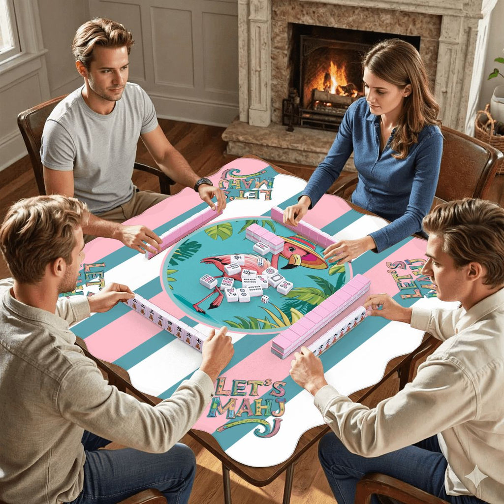 Let's Mahj Tropical Flamingo Pink And White Striped Scalloped Mahjong Mat
