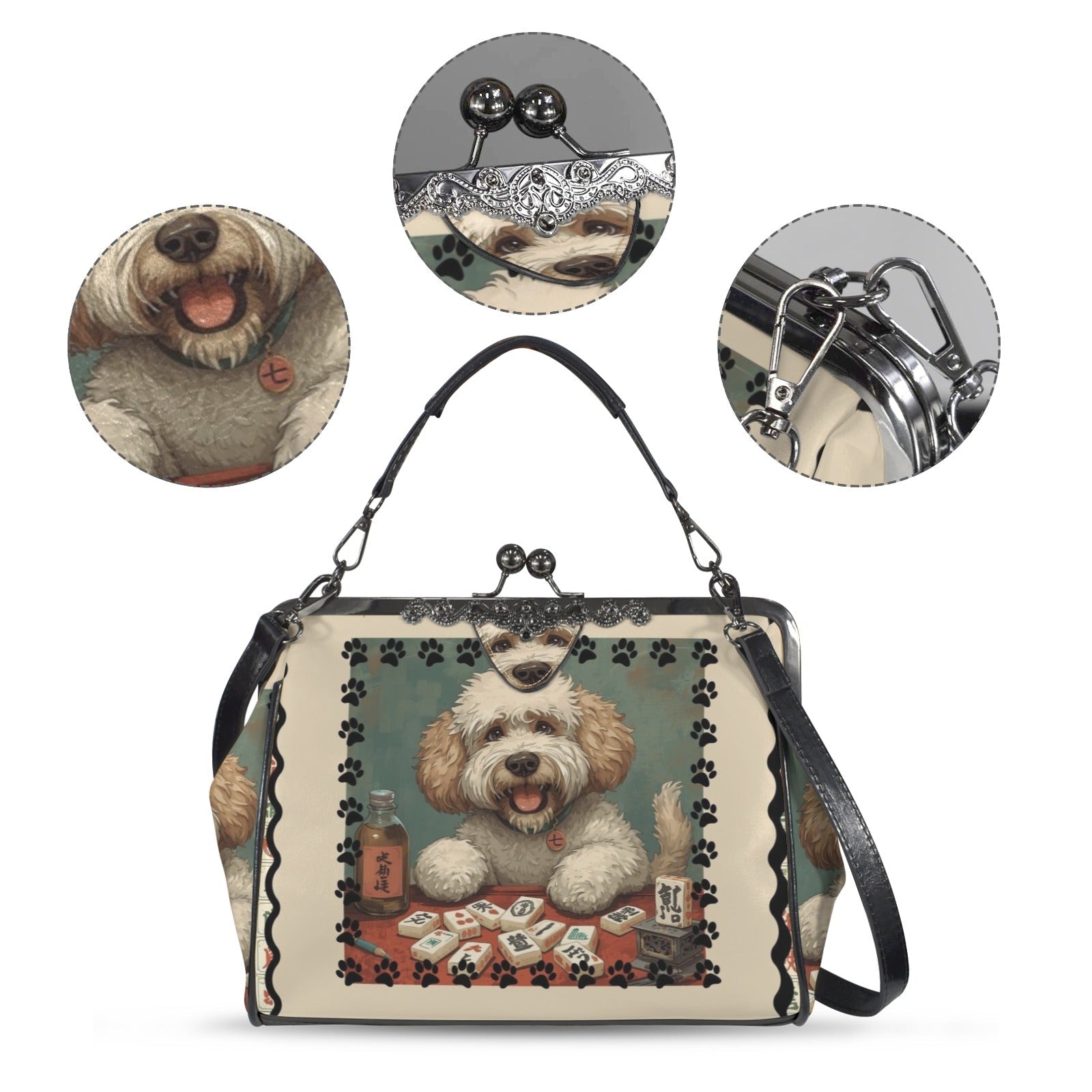 Mahjong Doodle Dog, Whimsical Vintage Style Kisslock Crossbody Shoulder Bag