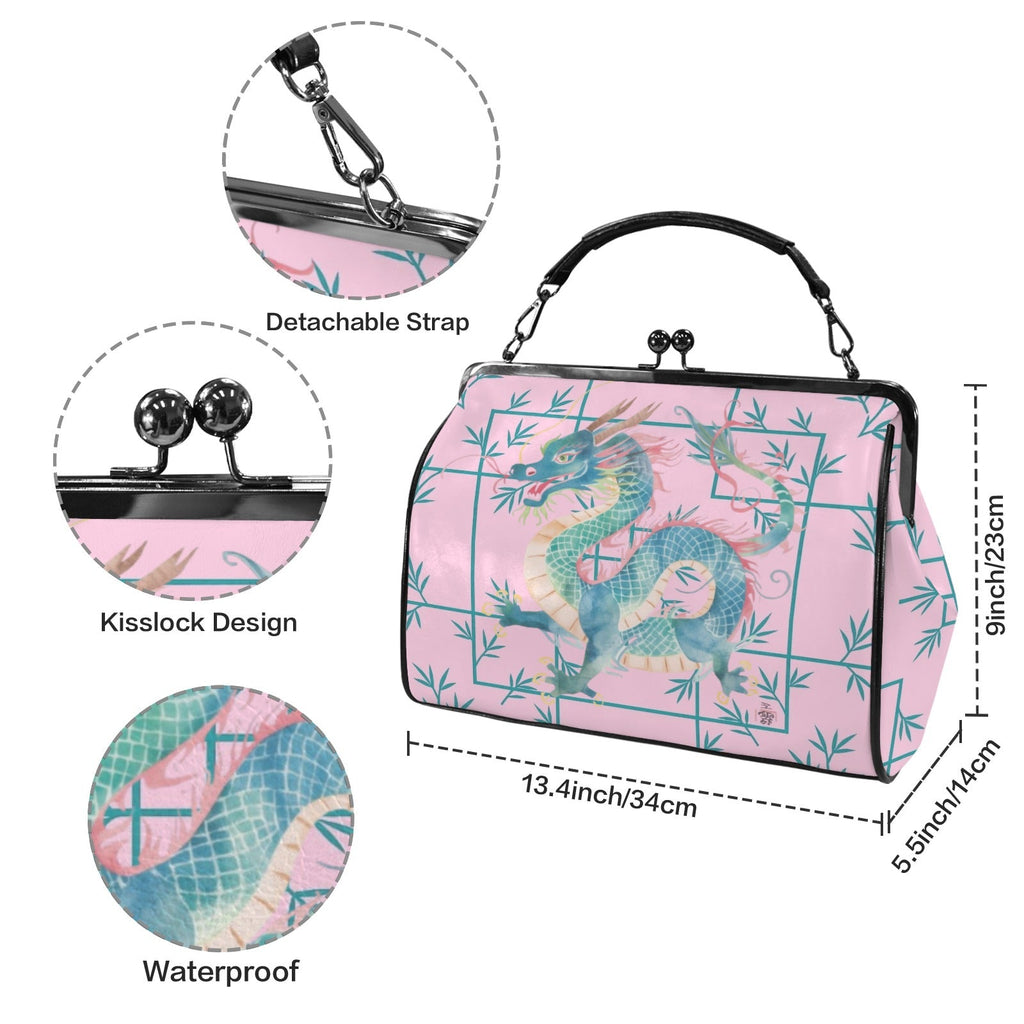 Hot Pink Watercolor Dragon Preppy Kisslock Handbag, Shoulder Bag Kisslock Crossbody Shoulder Bag