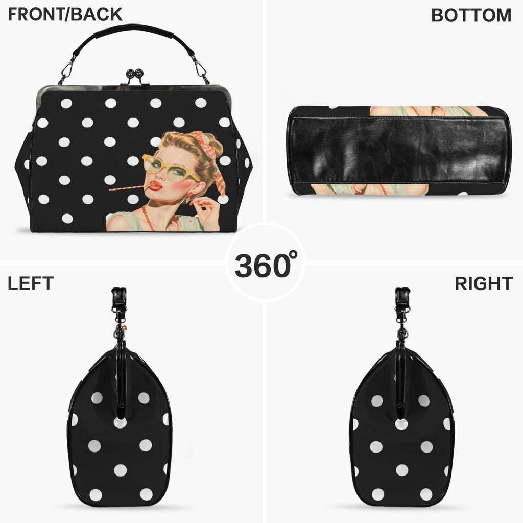 Trendy Black And White Polka Dot Nostalgic Sassy Girl Kisslock Handbag Kisslock Crossbody Shoulder Bag