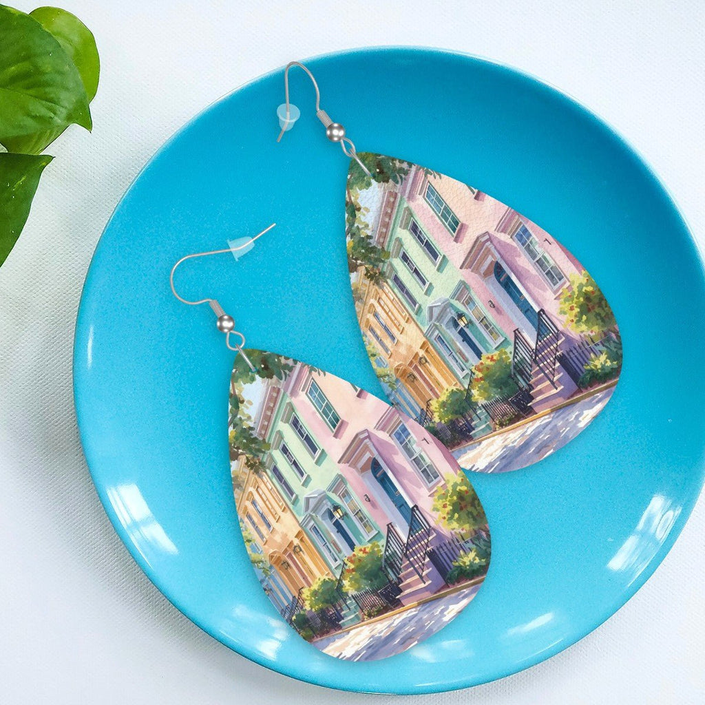 Charleston South Carolina Rainbow Row Leather Teardrop Earrings