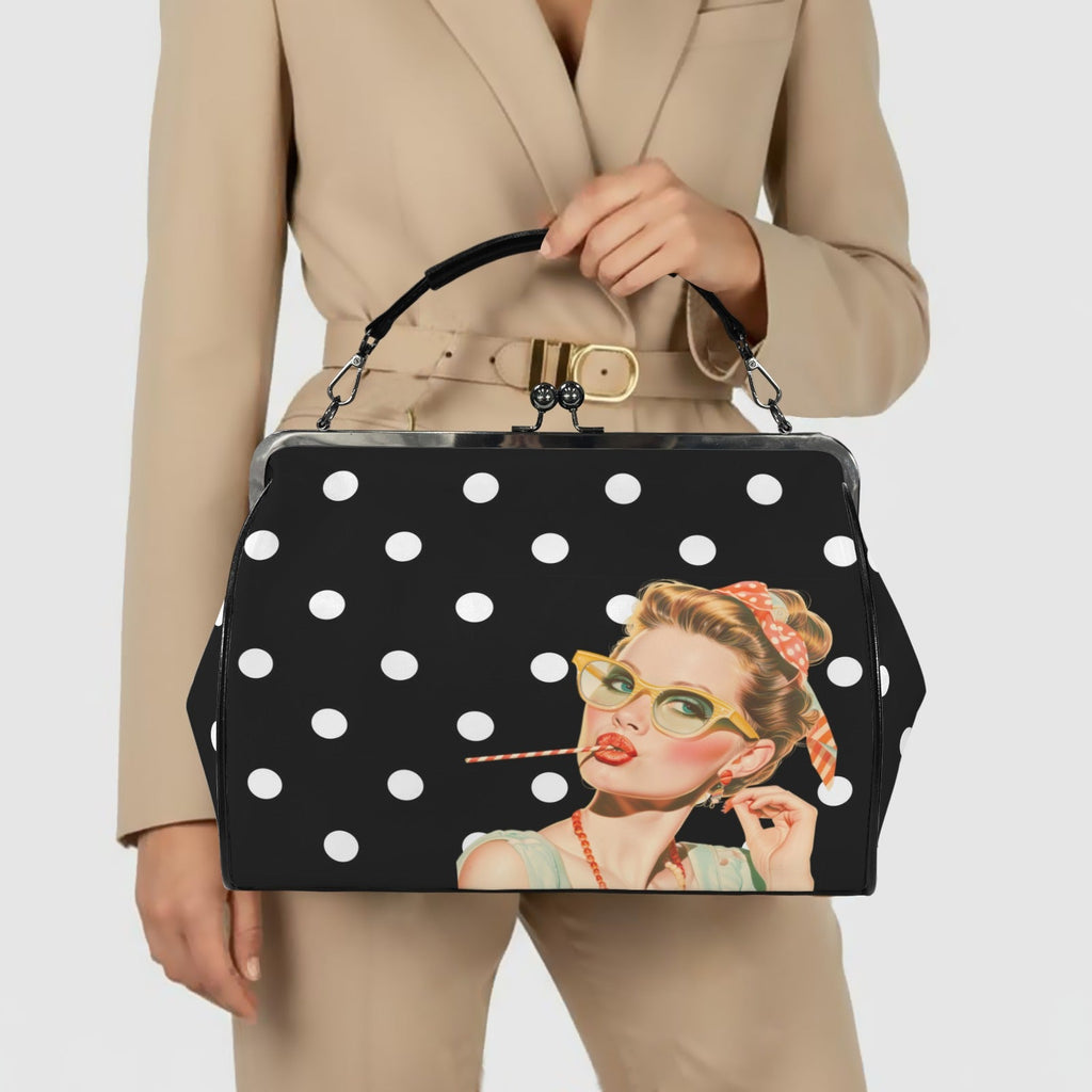 Trendy Black And White Polka Dot Nostalgic Sassy Girl Kisslock Handbag Kisslock Crossbody Shoulder Bag