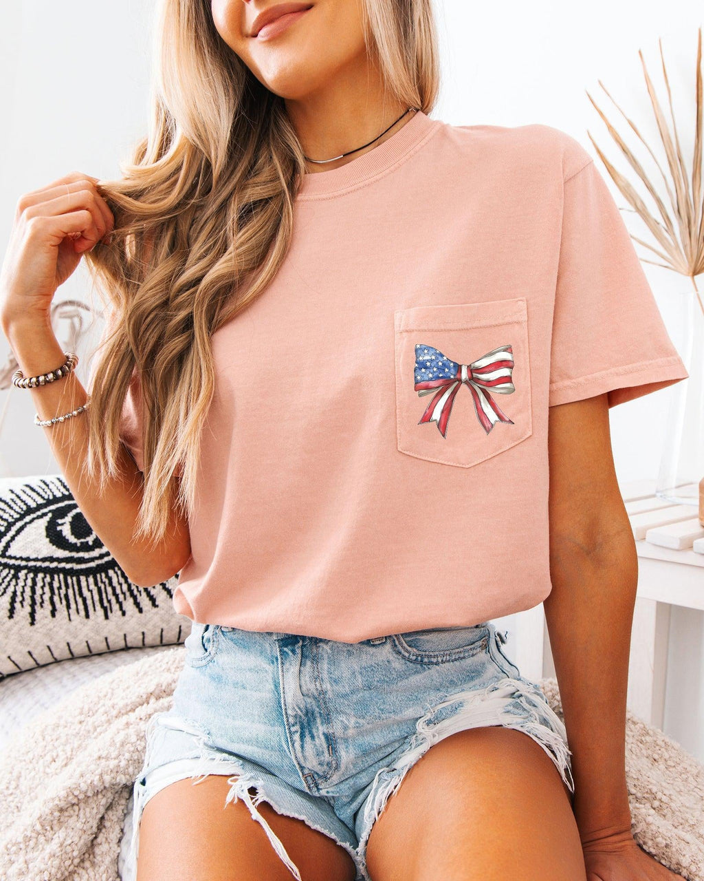 American Flag USA Ribbon Comfort Colors Pocket T-Shirt – Independence Day & Memorial Day Patriotic Tee