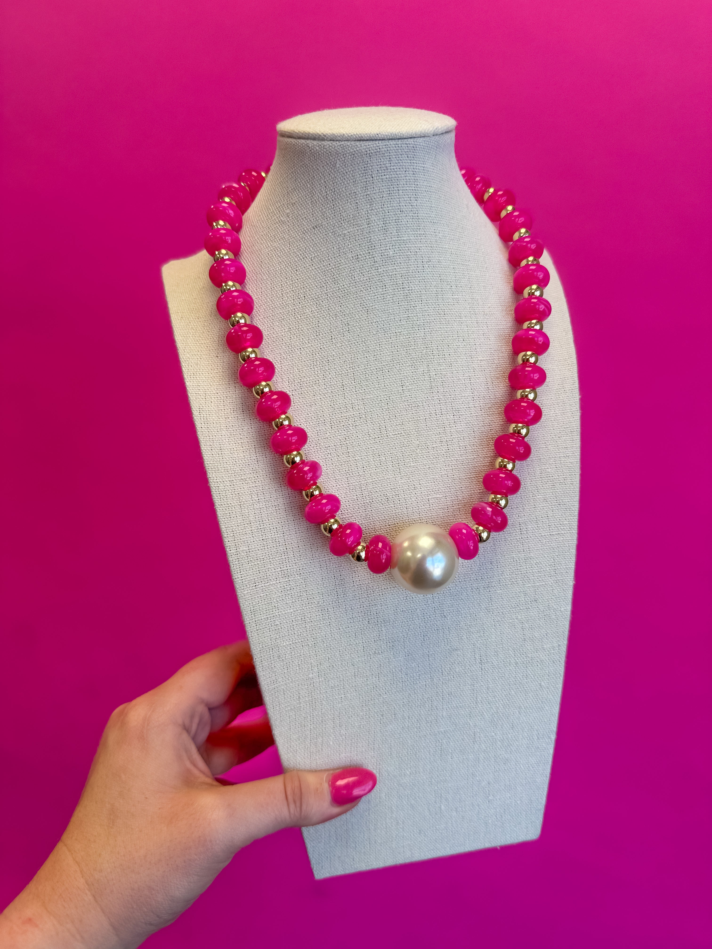 Bauble Bead with Pearl Necklace - Bright Pink