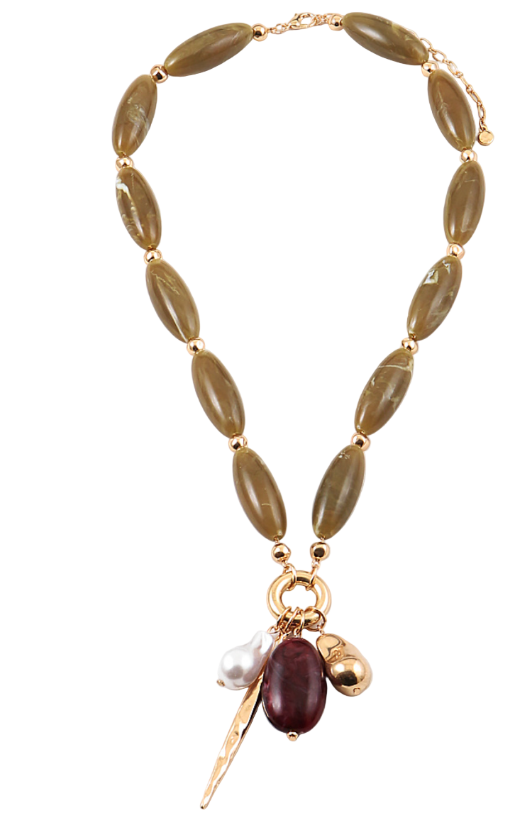 Bead and Charm Dangle Necklace - Olive