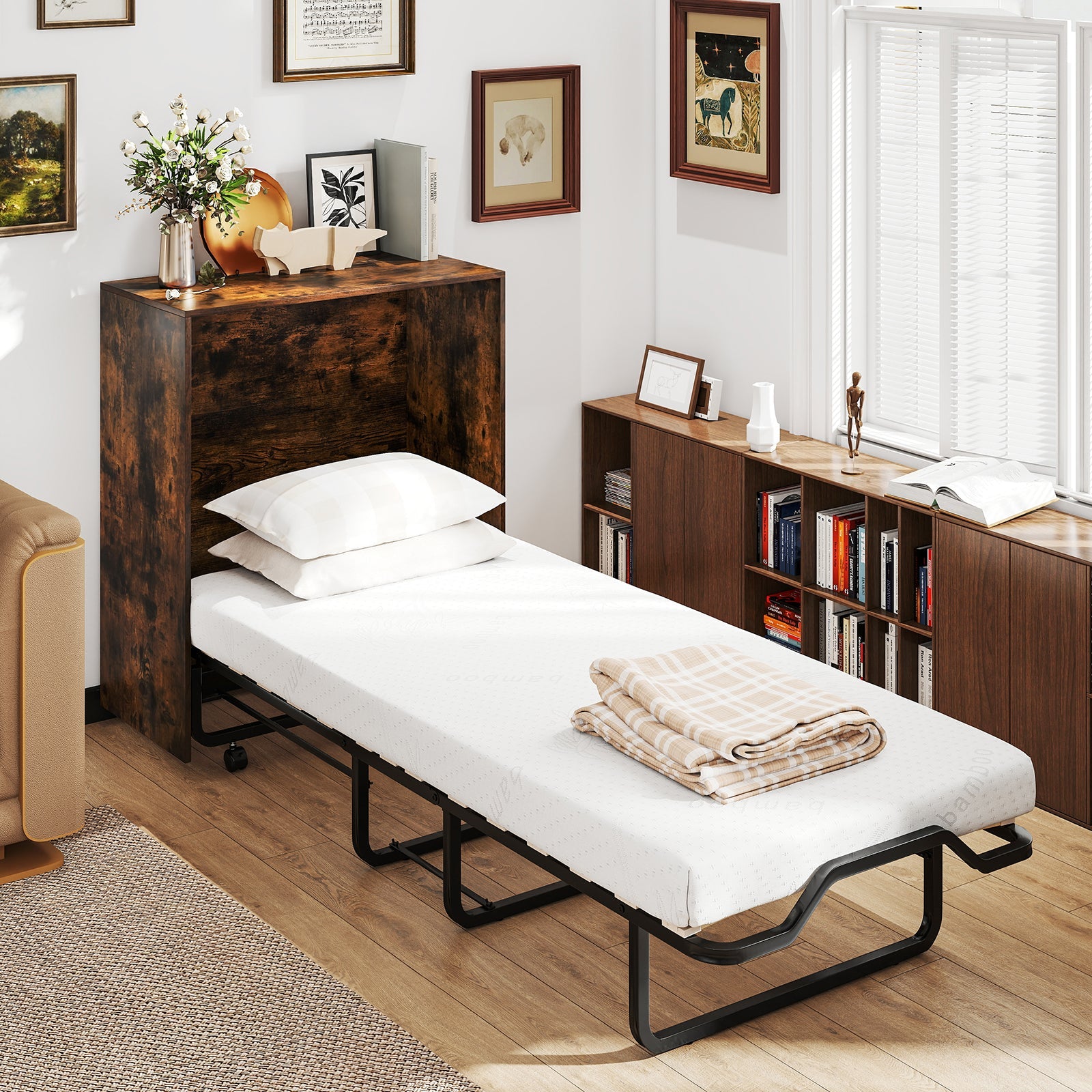 Cot Size Murphy Bed with Foldable Bed and Lockable Wheels-Rustic Brown