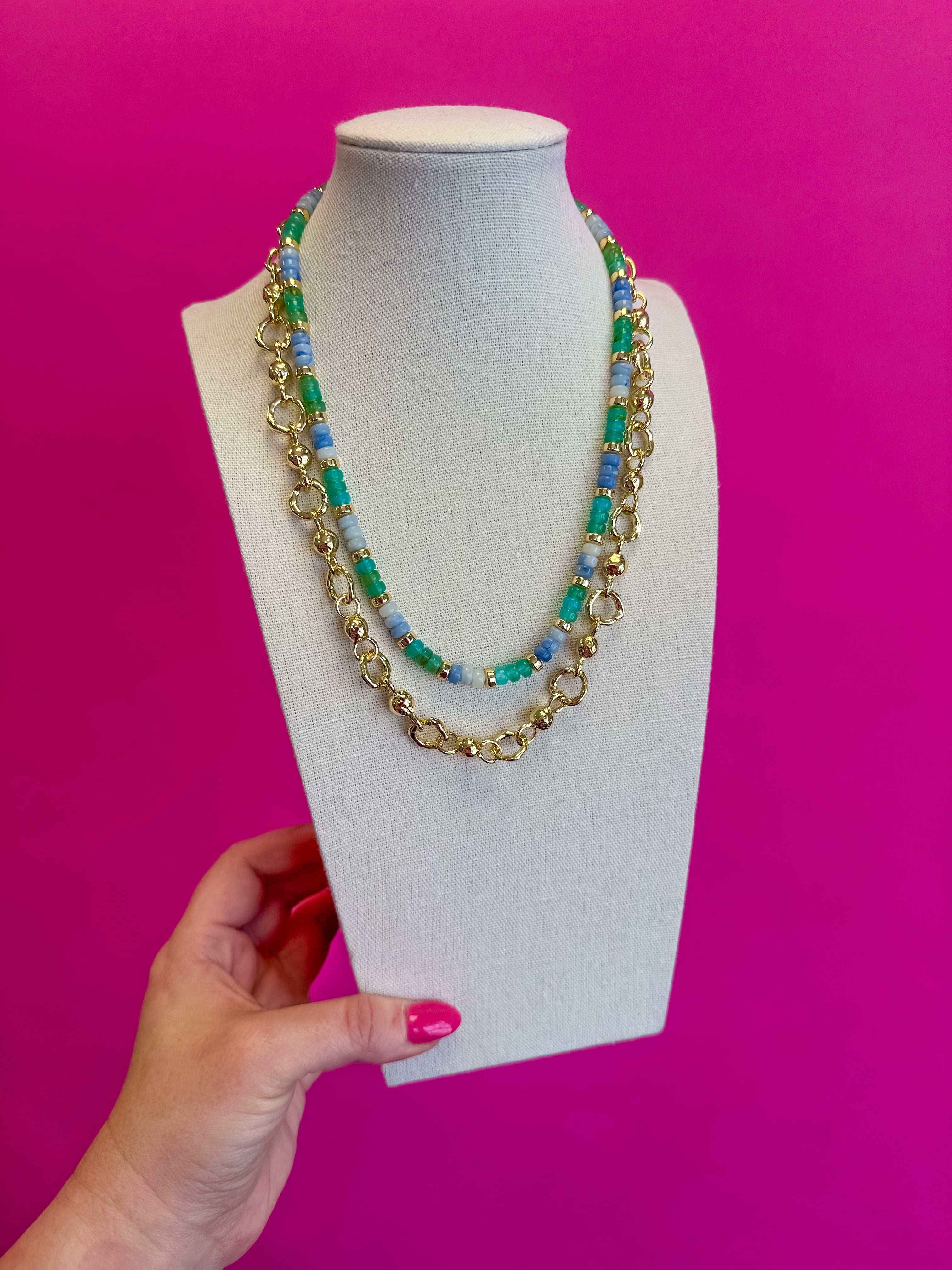 Double Chain and Bead Necklace - Blue
