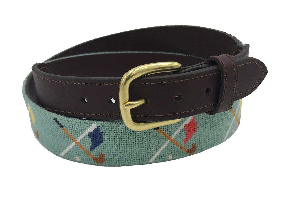 Golf Clubs and Flags Crossed Needlepoint Belt