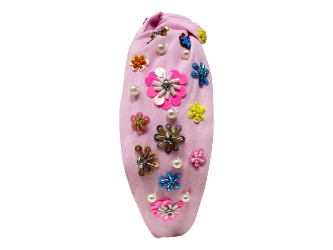 *Headband Knot - Pink with Multi Colored Flower Sequin