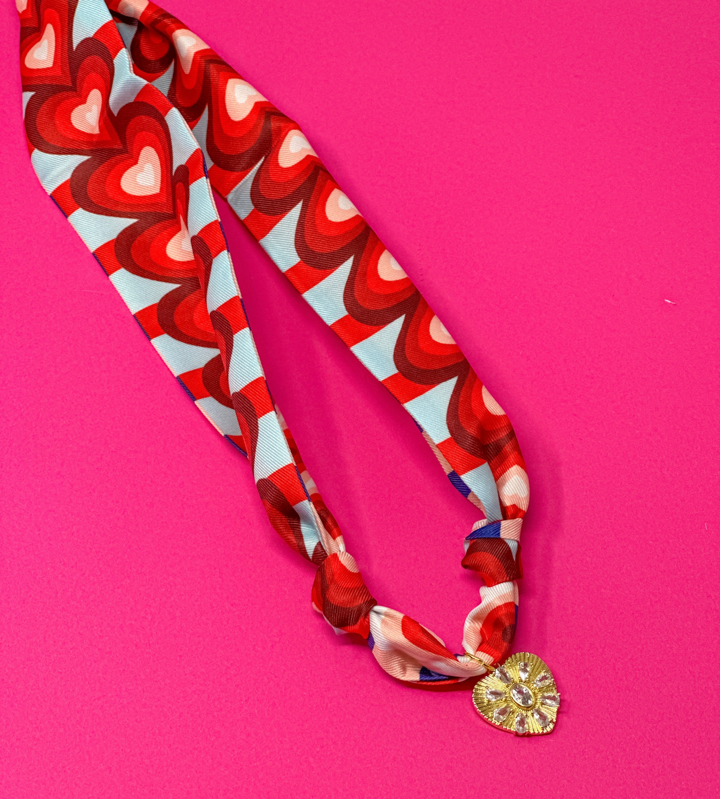 Scarf Charm Necklace - Red and Blue Heart Print with Small Rhinestone Heart Pendant