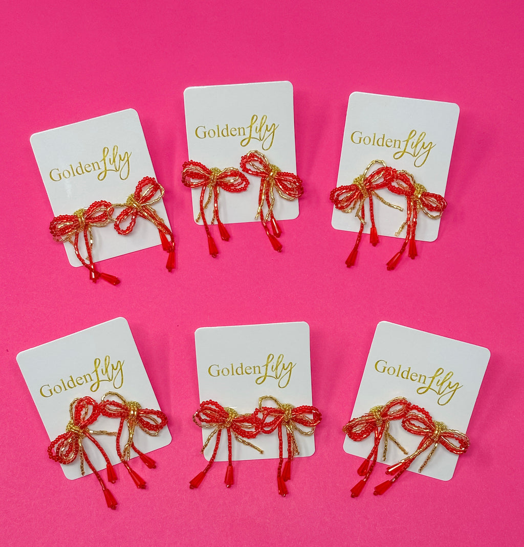 Mini Bow Earrings - Red and Gold