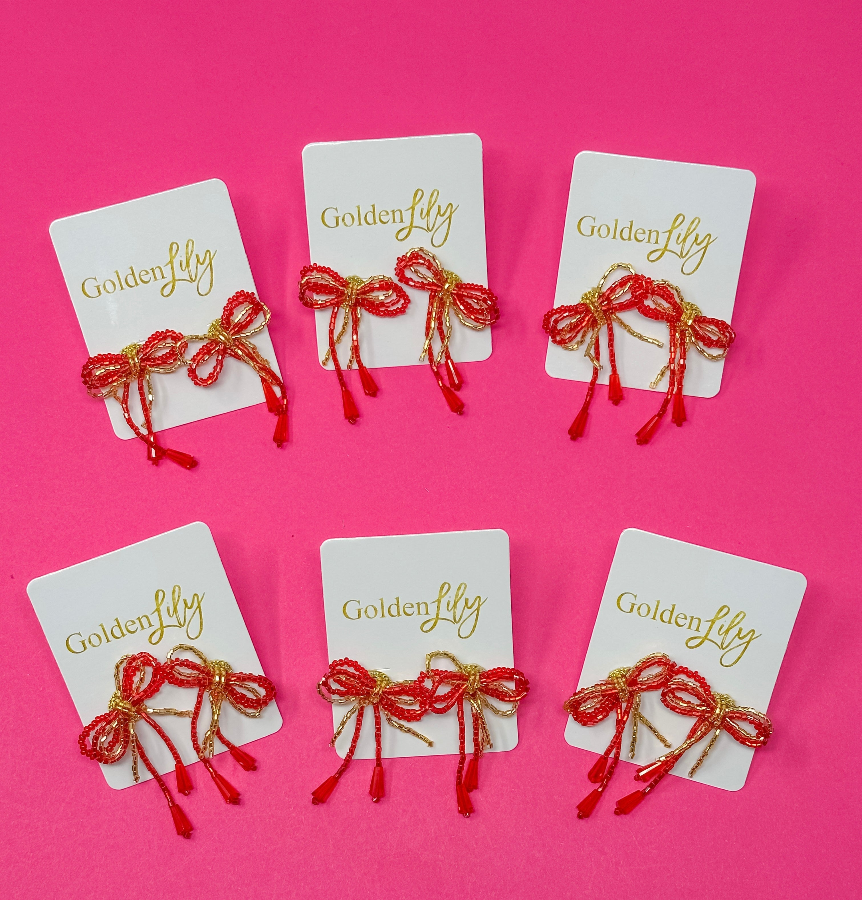 Mini Bow Earrings - Red and Gold