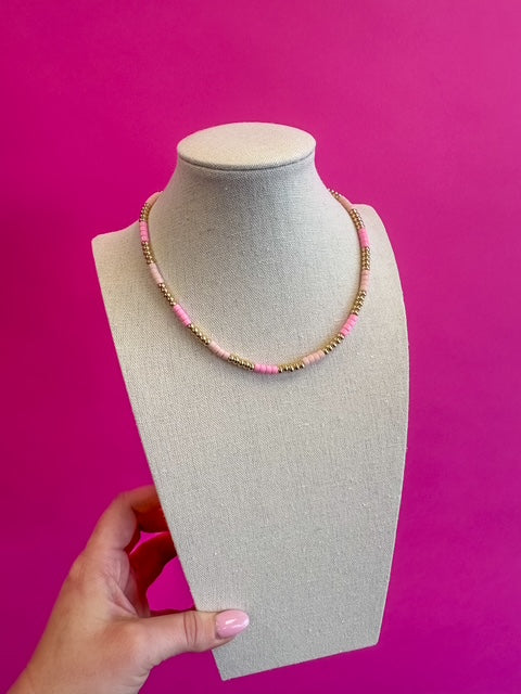 Beaded Mix Bead Necklace - Pink