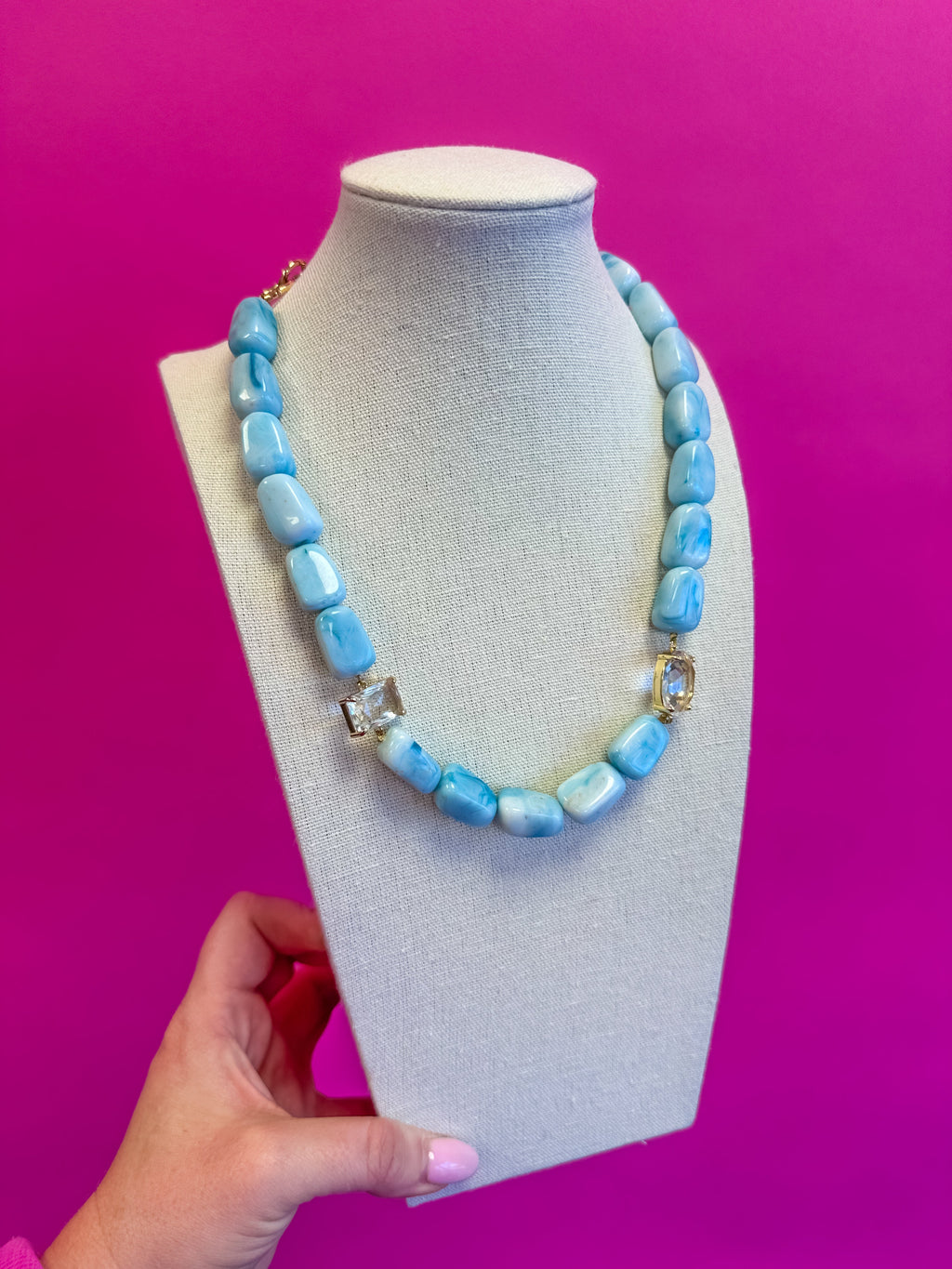 Chunky Bead with Rhinestone Necklace - Blue