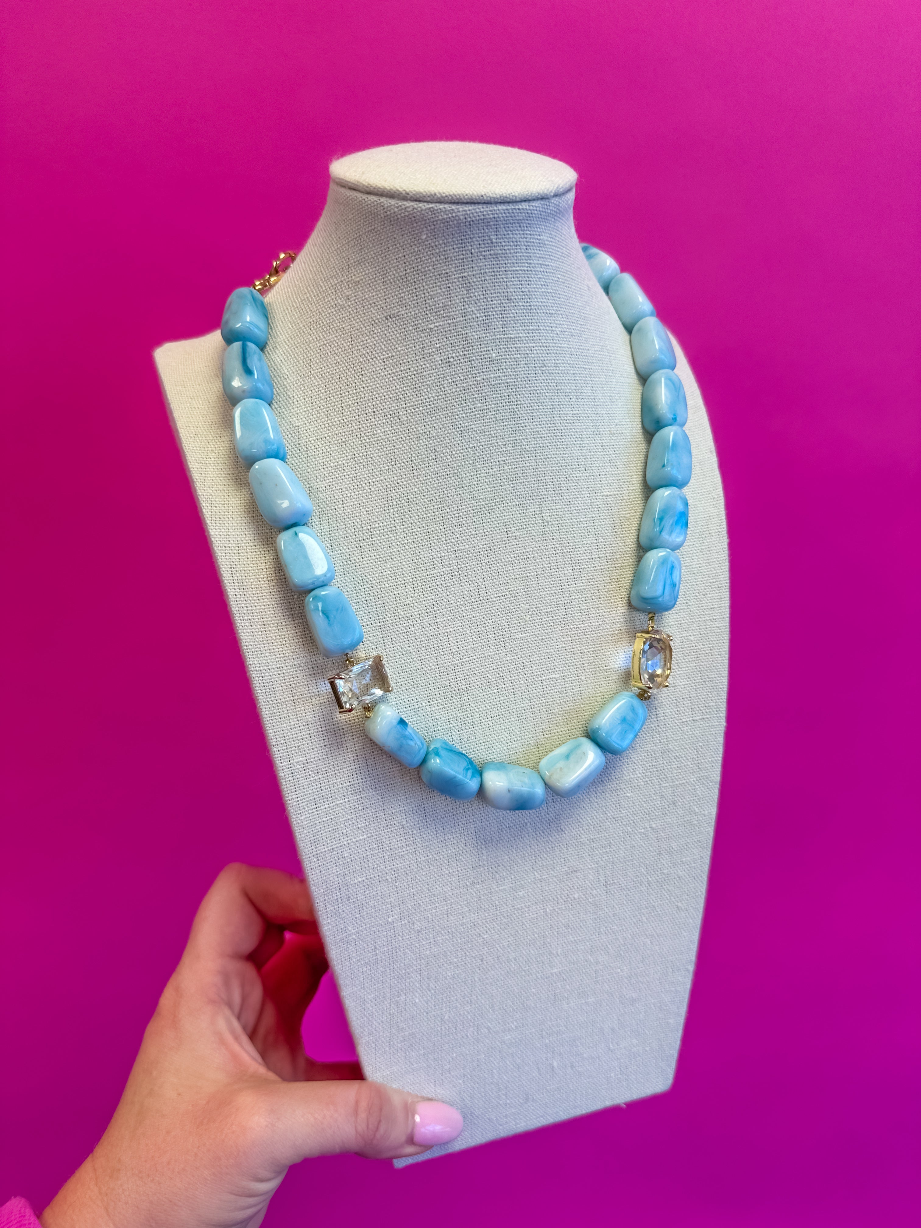 Chunky Bead with Rhinestone Necklace - Blue