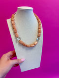 Chunky Bead with Rhinestone Necklace - Coral