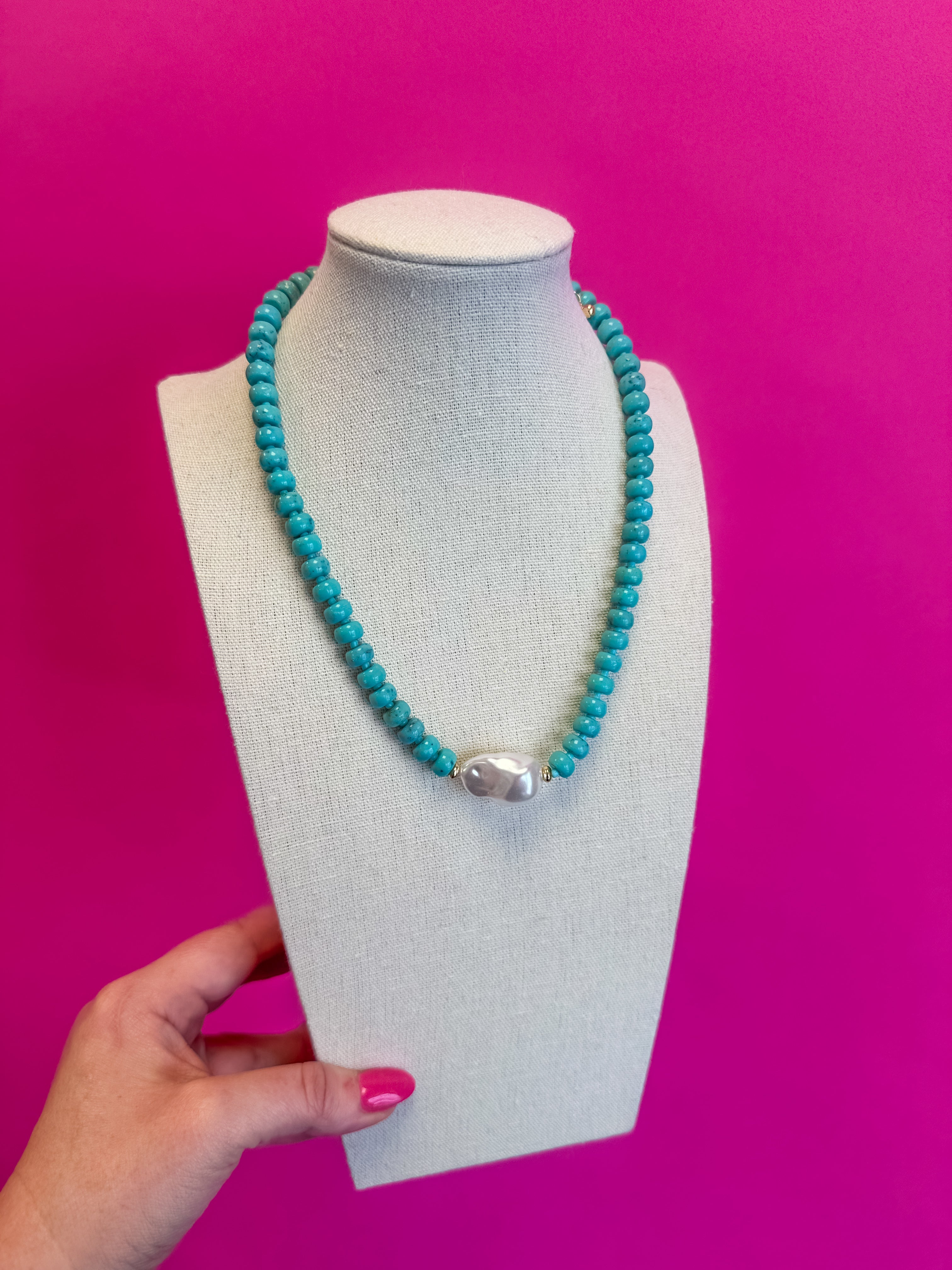 Bead with Pearl Necklace - Turquoise