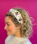 *Headband Knot - Mardi Gras - White with Sequin Fleur De Lis