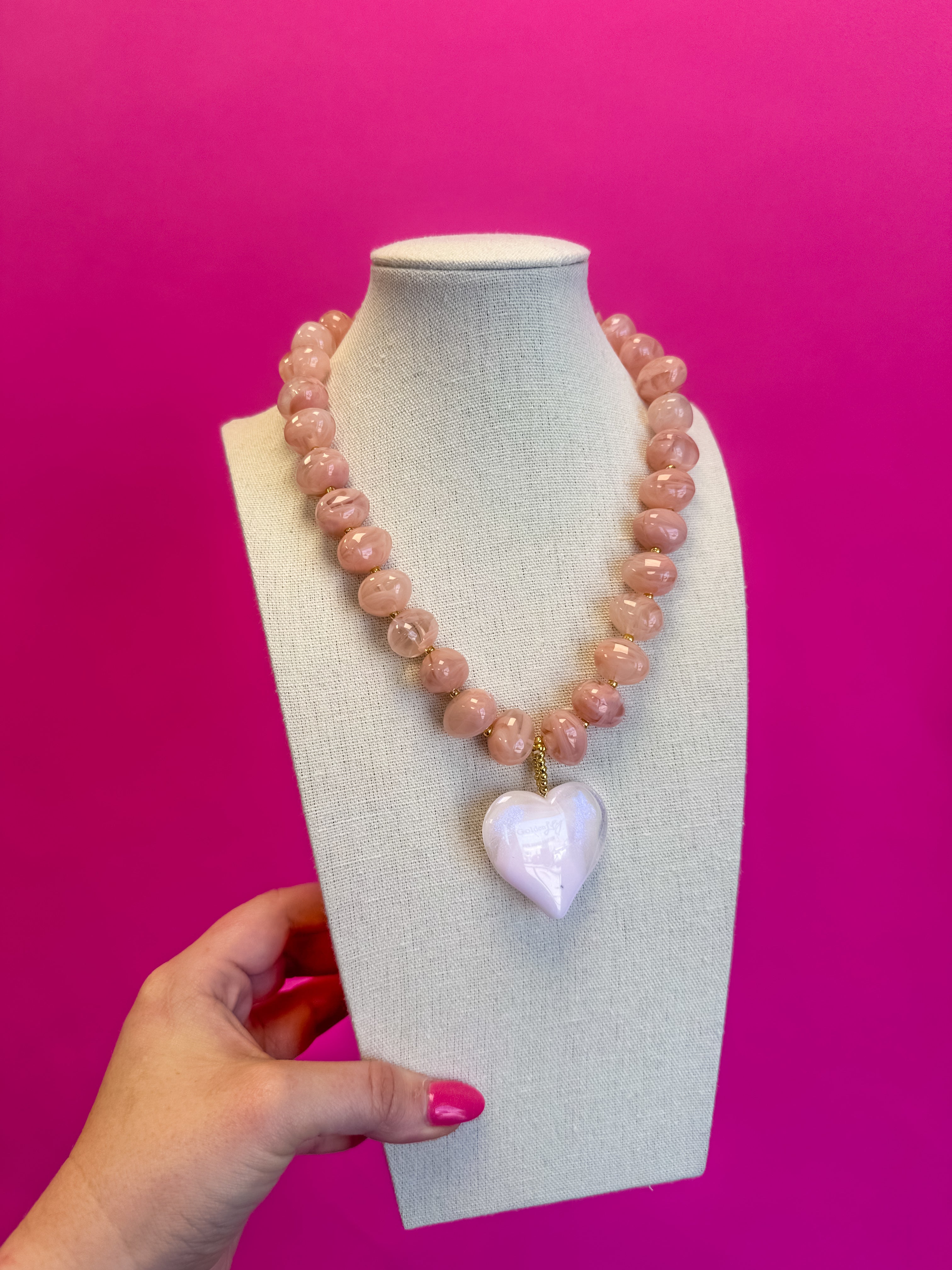 Bauble Beaded Heart Necklace - Light Pink