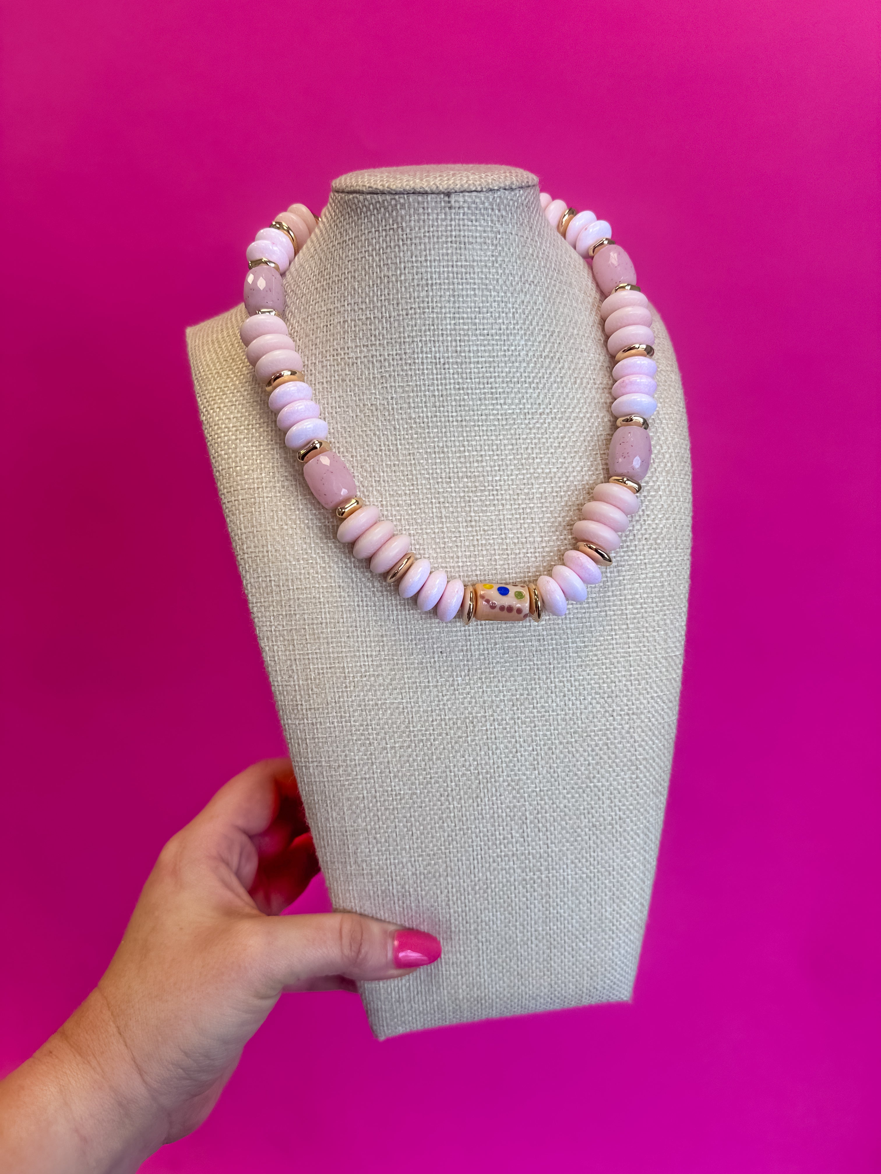 Statement Necklace - Chunky Beads - Pink with Ceramic Charm