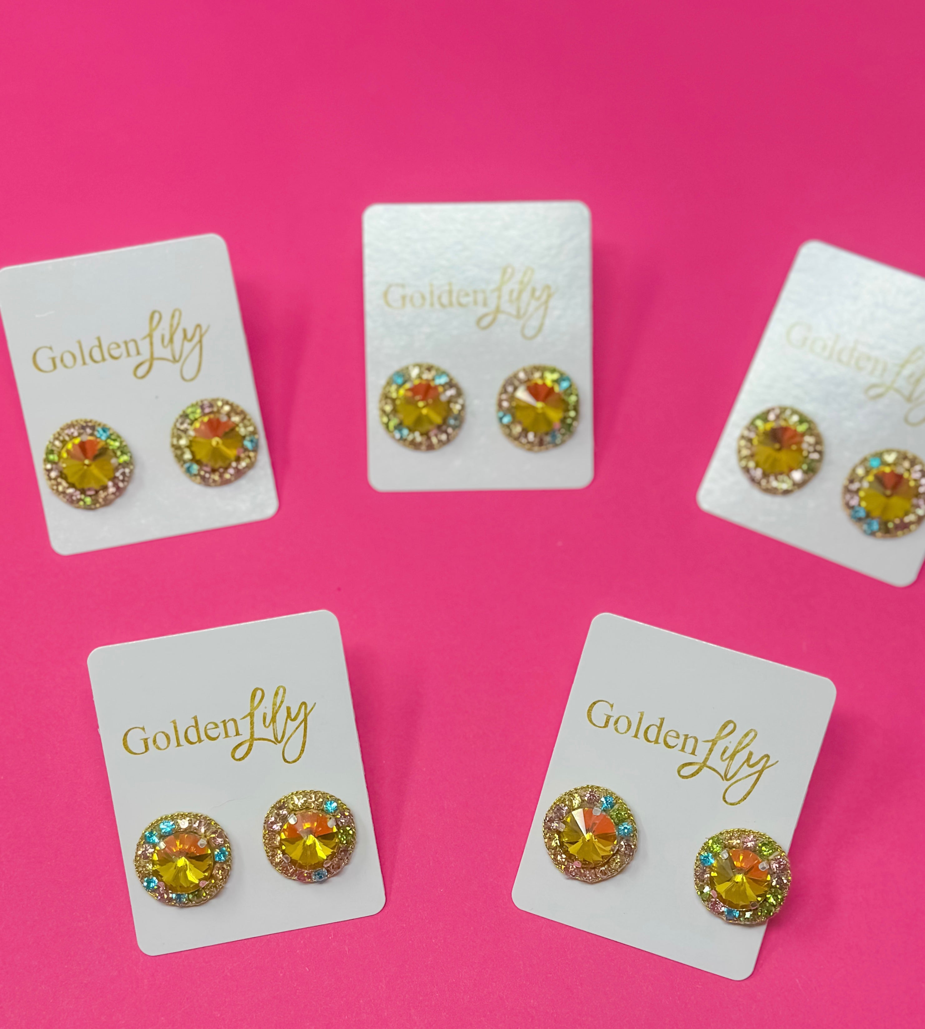 Statement Stud Earrings - Pink with Multi Stones