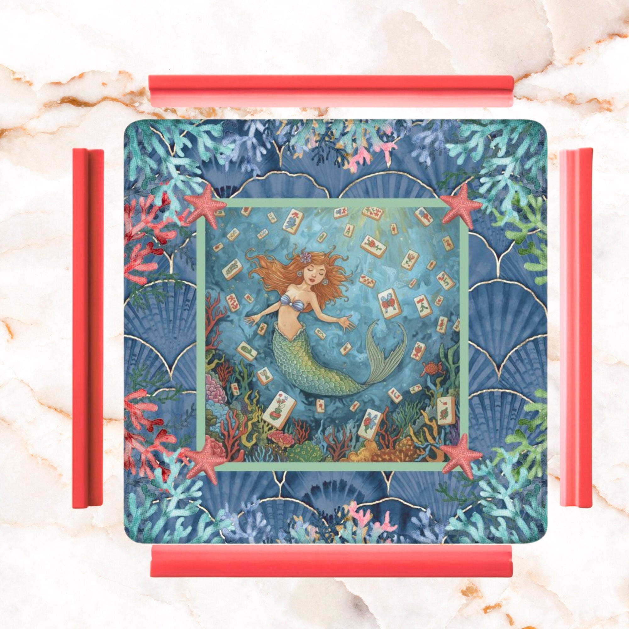 Mermaid Mahjong Mat, Sea Of Life Marbled Blue And Coral Reef
