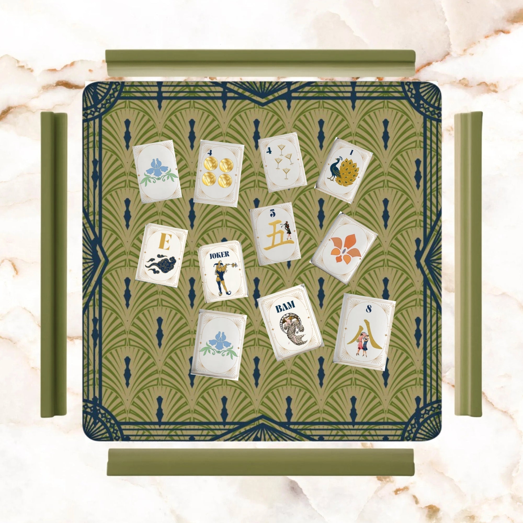 Art Deco Designed Mahjong Mat, Green Blue Speakeasy Collection