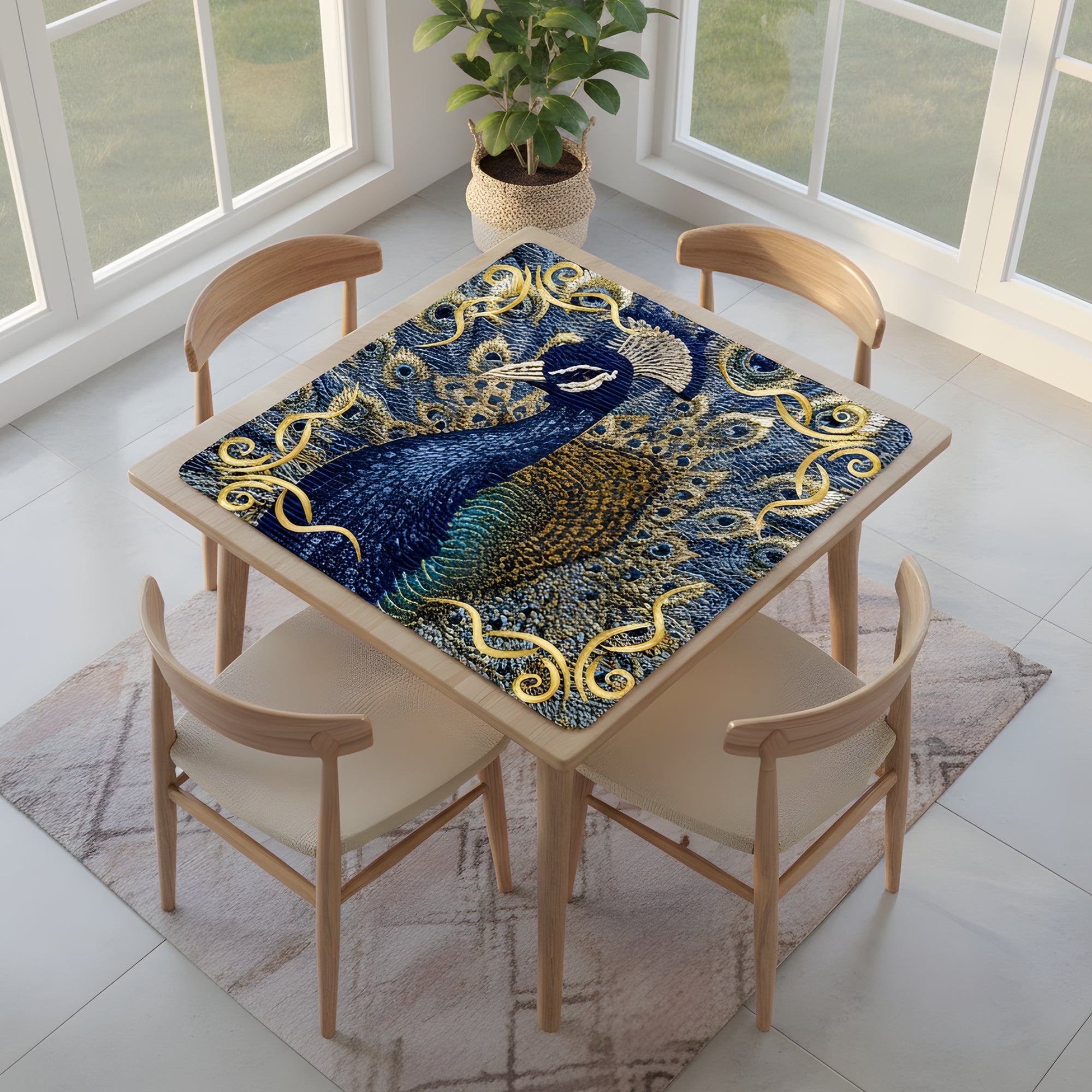 Floral Elegant Peacock Faux Needlepoint Mahjong Mat