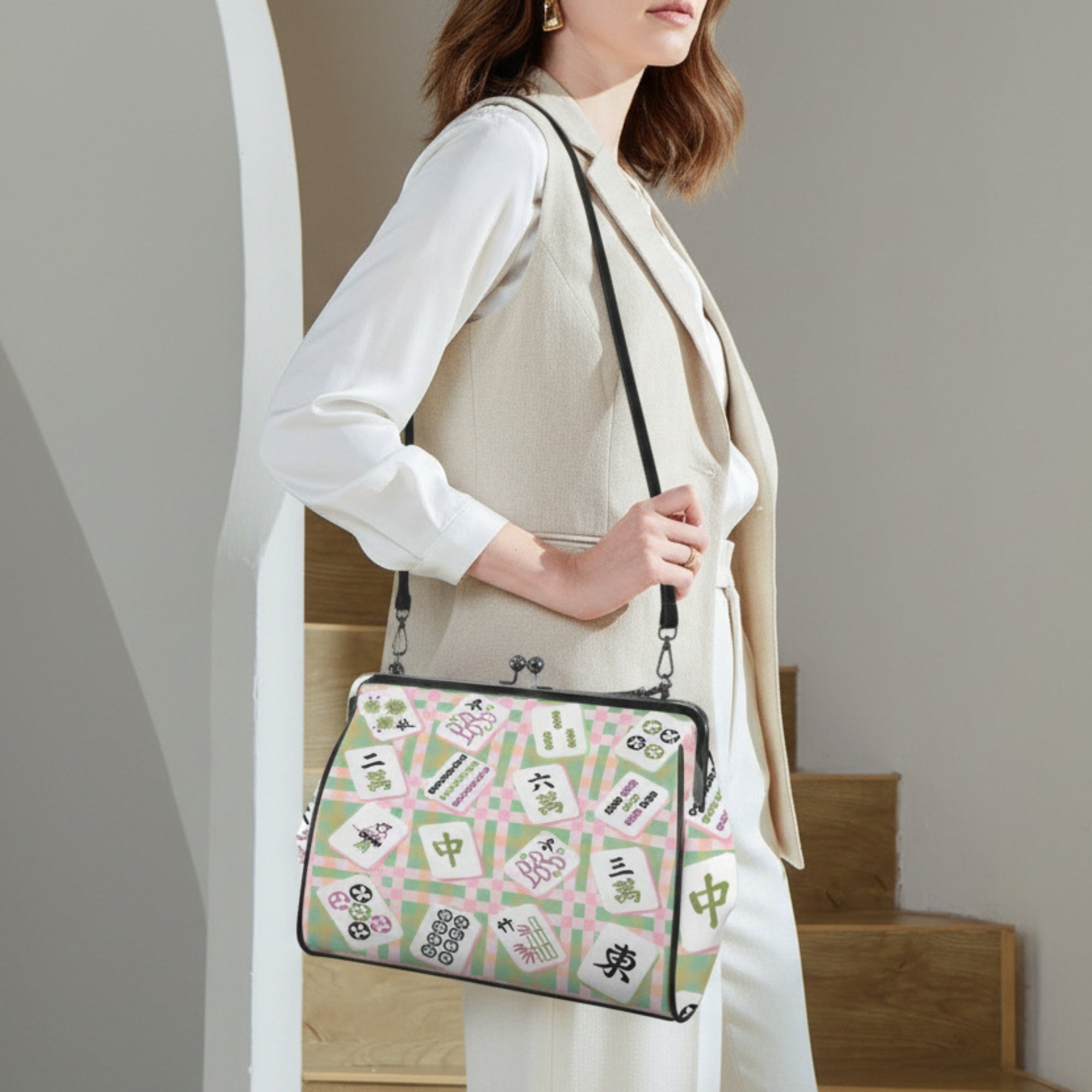 Mahjong Preppy Pastel Modern Kisslock Trendy Shoulder Bag Kisslock Crossbody Shoulder Bag