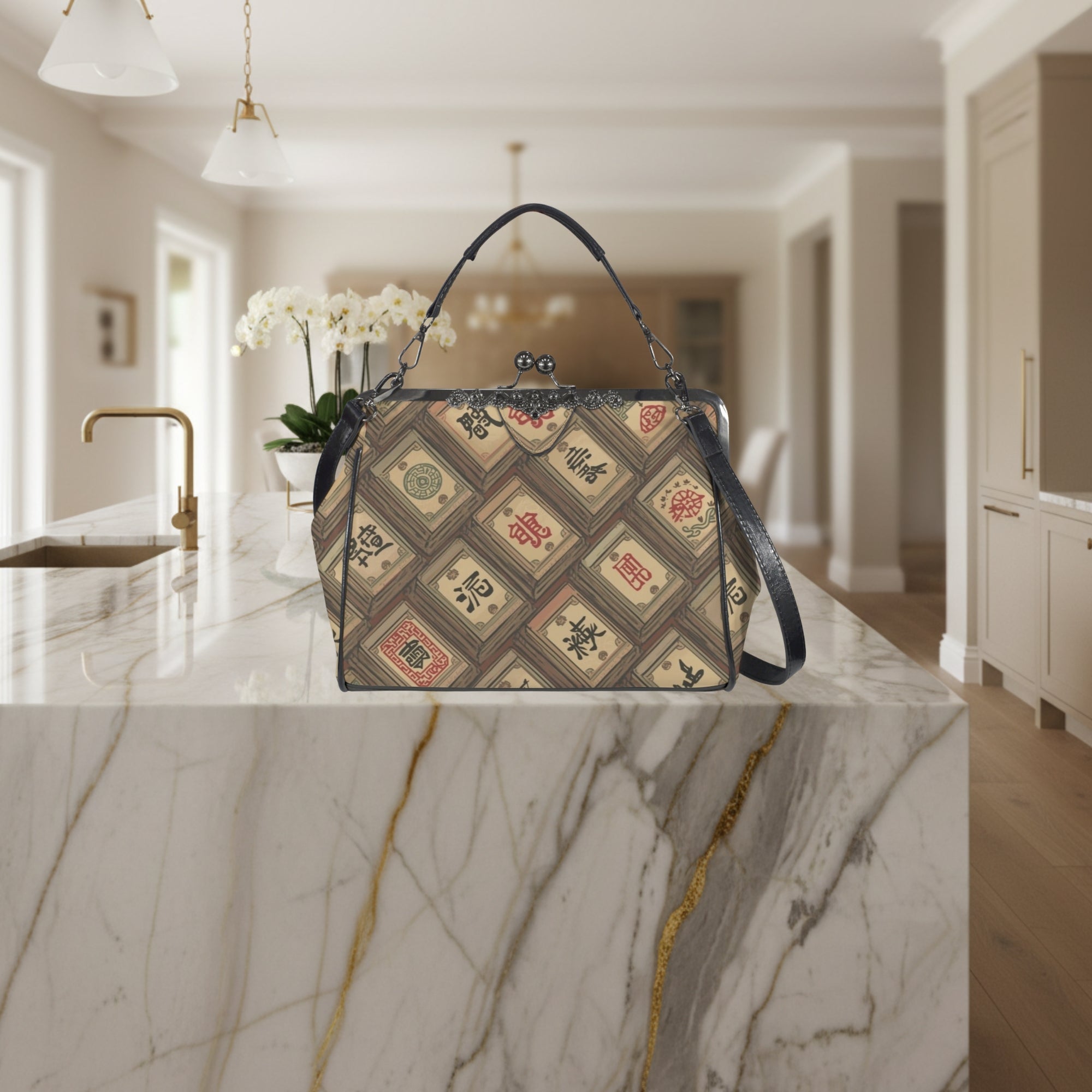 Mahjong Tile Vintage Kisslock Crossbody Shoulder Bag, Trendy And Stylish