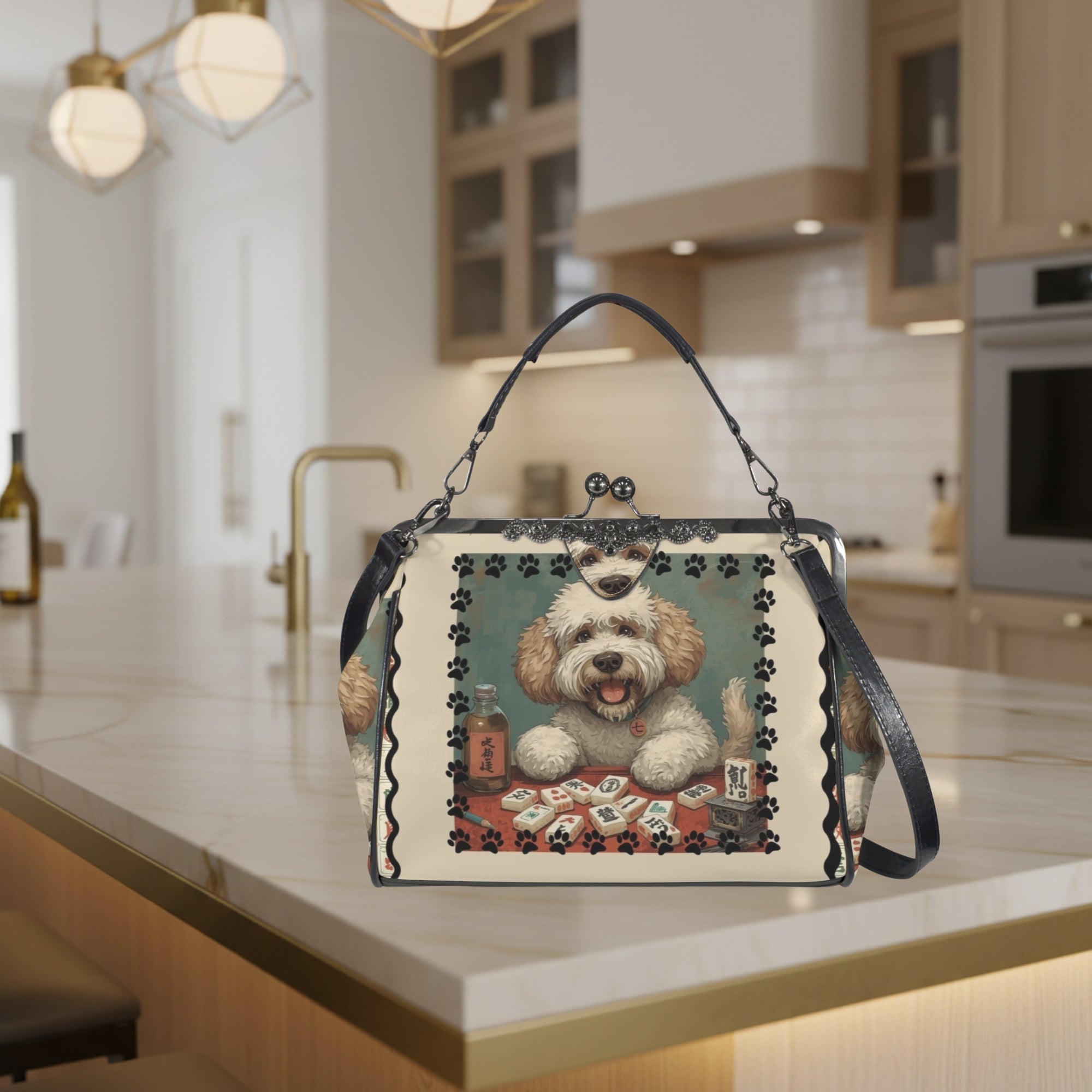 Mahjong Doodle Dog, Whimsical Vintage Style Kisslock Crossbody Shoulder Bag