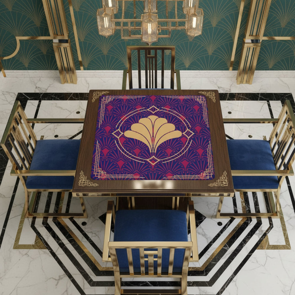 Art Deco Mahjong Mat, Blue Burgundy Gold Gilded