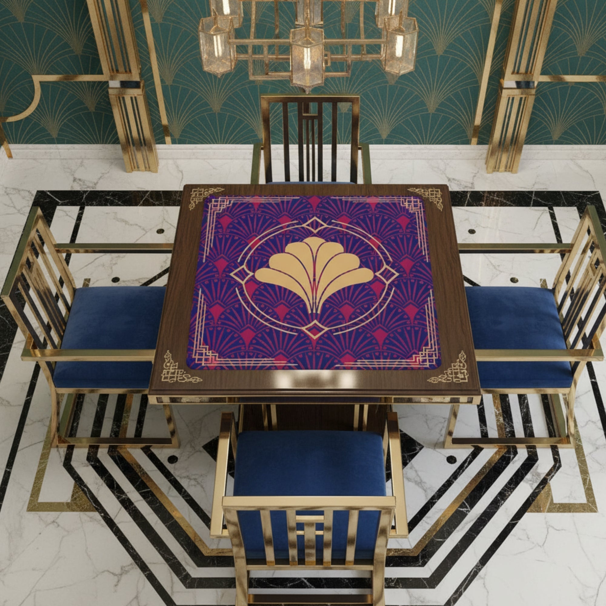 Art Deco Mahjong Mat, Blue Burgundy Gold Gilded