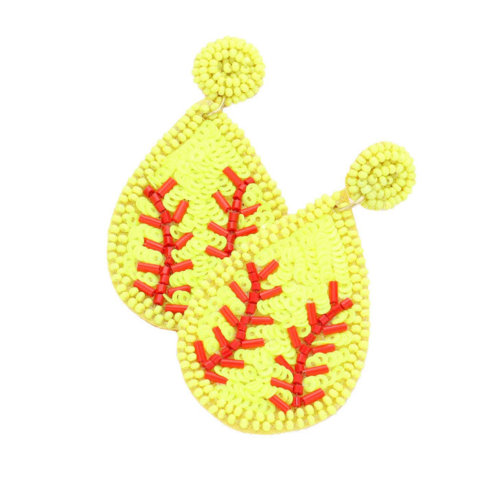 Sequin Beaded Softball Teardrop Dangle Earrings