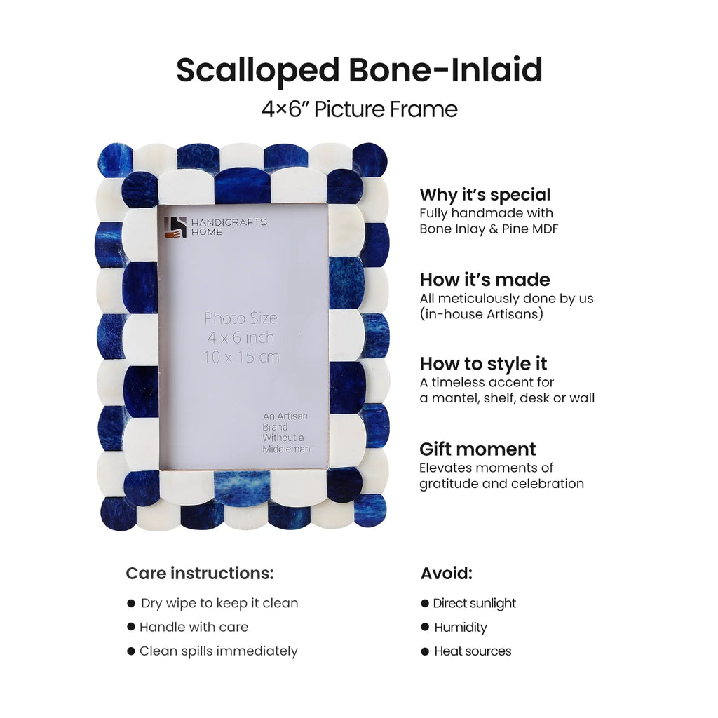 Picture Frames Scalloped Pattern Bone Inlay Collection in 3 sizes, Blue