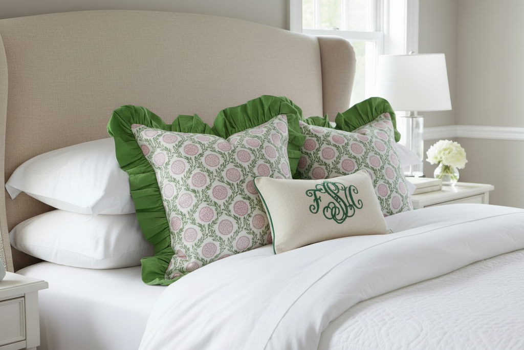 Pink Flowers and Vines - Ruffle Pillow Cover