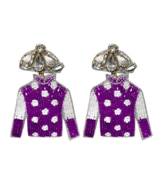 Derby Jersey Silk Earrings -  White with Purple Dots