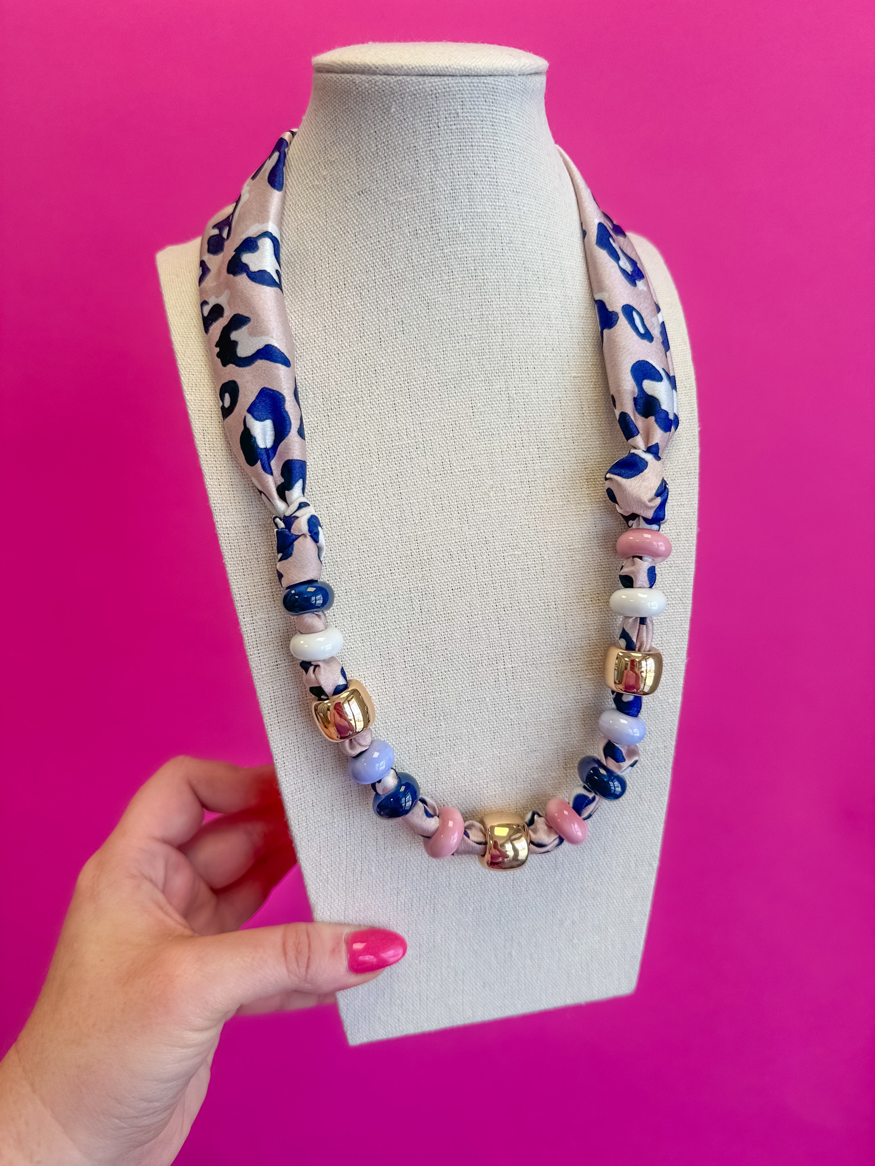 Scarf with Bead Necklace - Pink Leopard