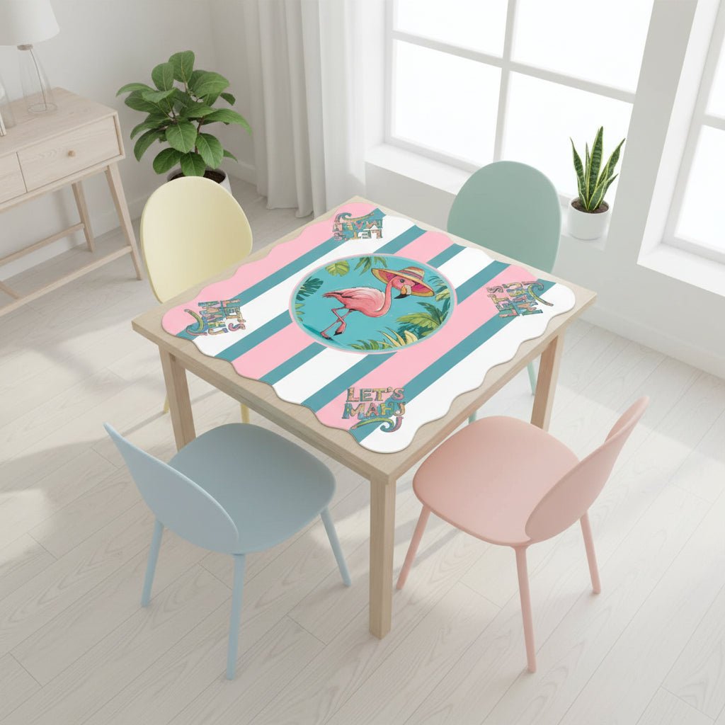 Let's Mahj Tropical Flamingo Pink And White Striped Scalloped Mahjong Mat