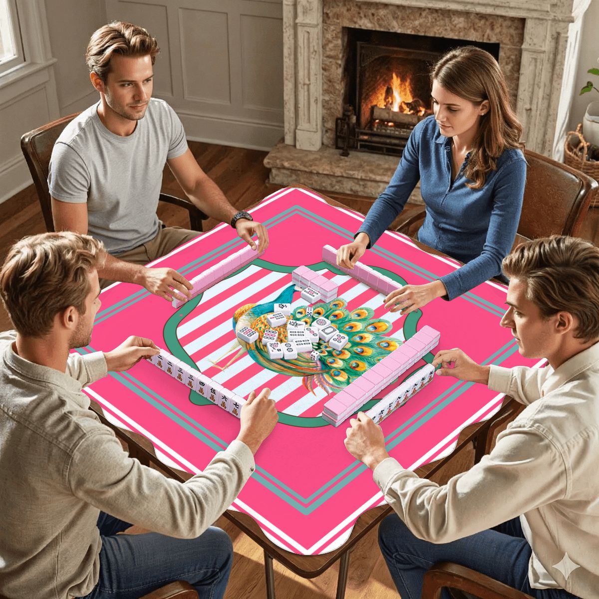 Pretty As A Pink Peacock Scalloped Mahjong Mat