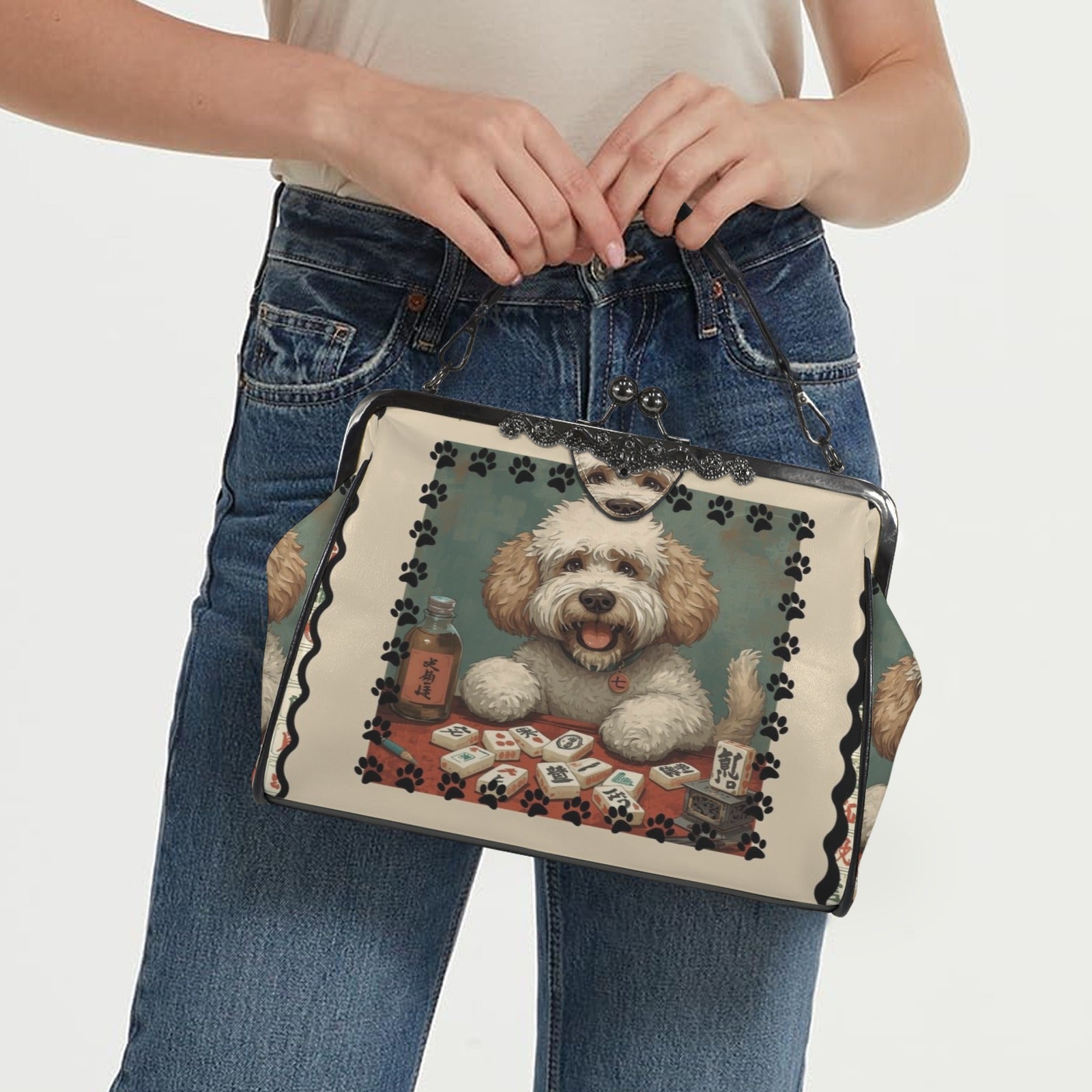 Mahjong Doodle Dog, Whimsical Vintage Style Kisslock Crossbody Shoulder Bag