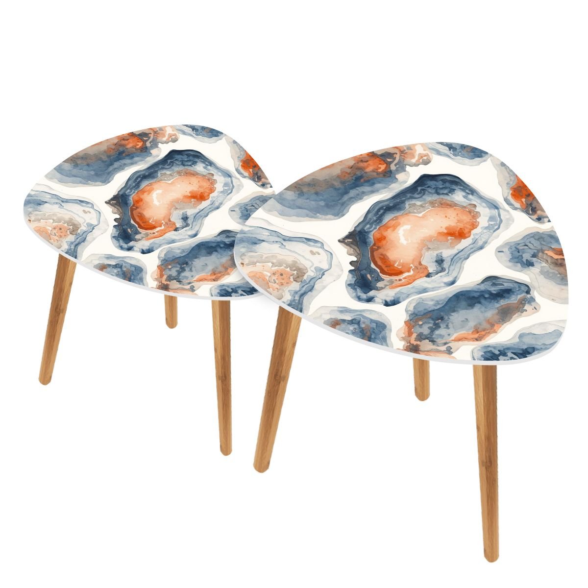 Watercolor Blue Oyster Modern Nesting Tables Triangle Coffee Table Set of 2