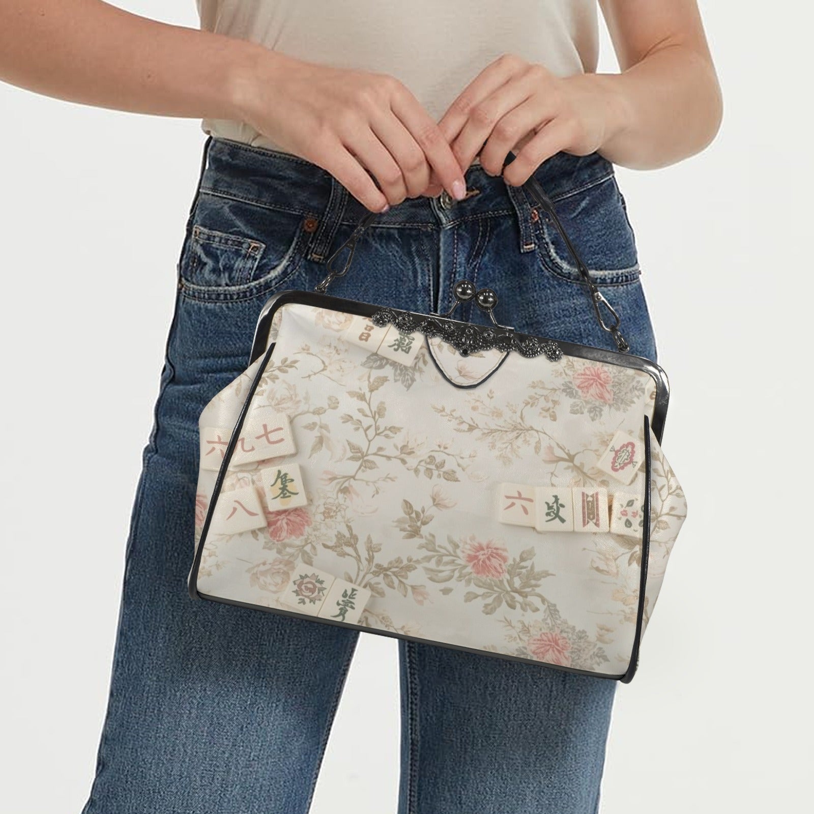 Vintage Floral Mahjong Lover Preppy Kisslock Crossbody Shoulder Bag