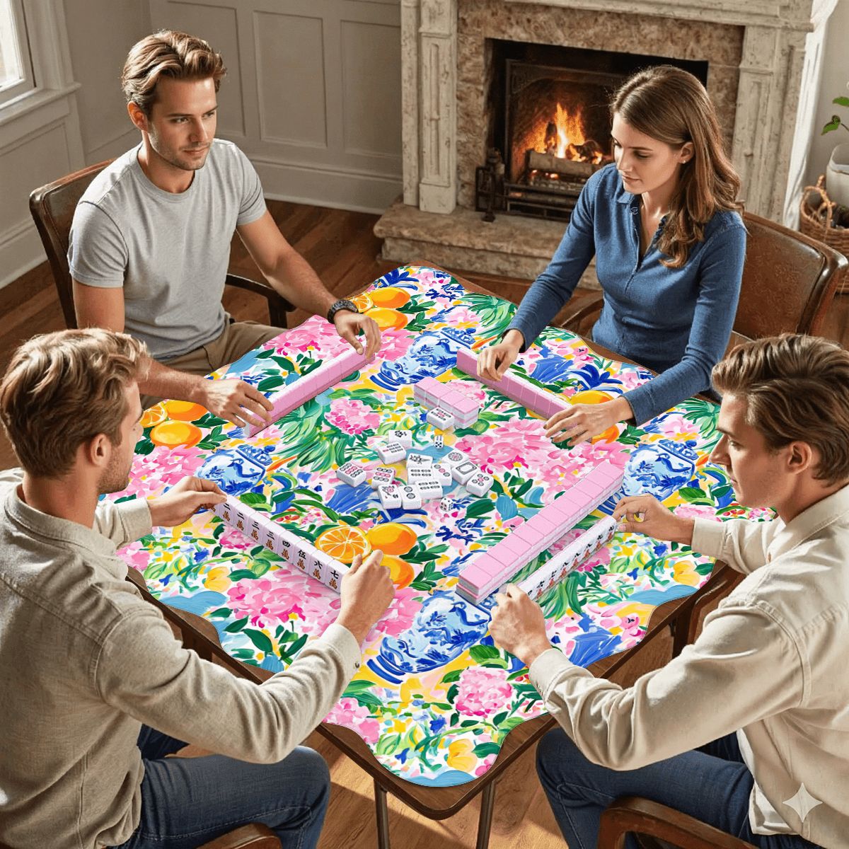 Asian Chinoiserie Tropical Pastel Scalloped Mahjong Mat