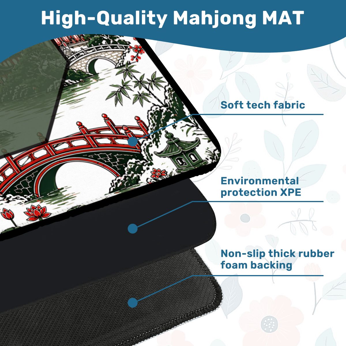 Asian Chinoiserie Pagoda Black, Red Green Mahjong Mat
