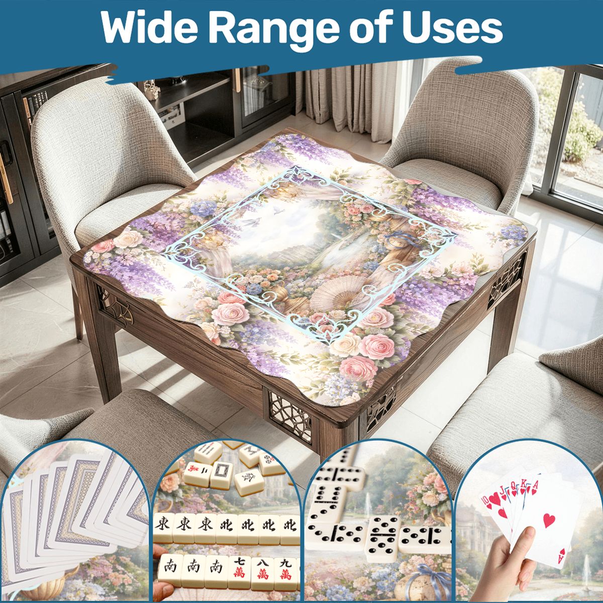 Romantic Regency Wisteria Garden Watercolor Scalloped Mahjong Mat