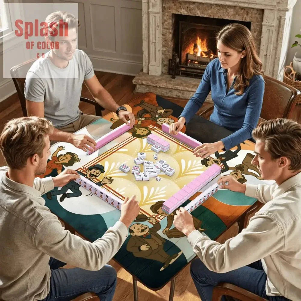 Art Deco Mahjong Mat With Whimsical Playful Couples