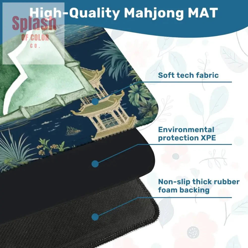 Asian Chinoiserie Tranquil Zen Pagoda Floral Mahjong Mat In Blue And Green