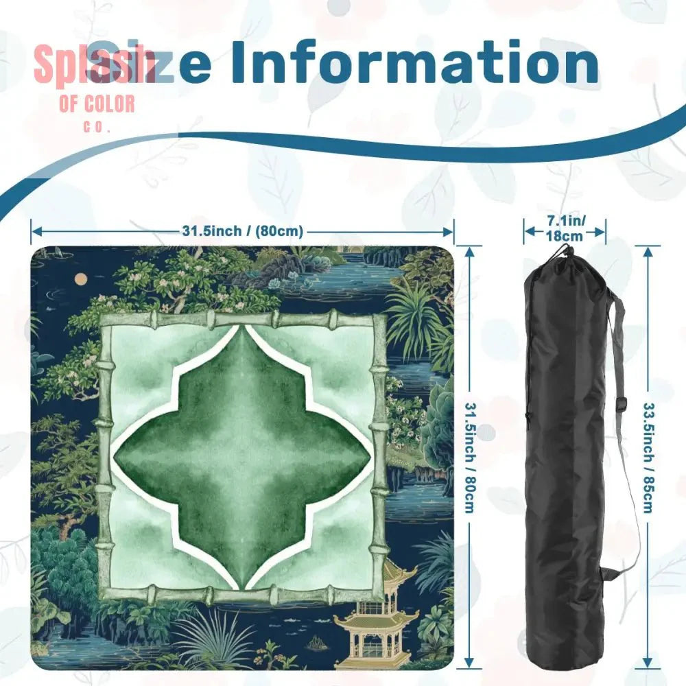 Asian Chinoiserie Tranquil Zen Pagoda Floral Mahjong Mat In Blue And Green