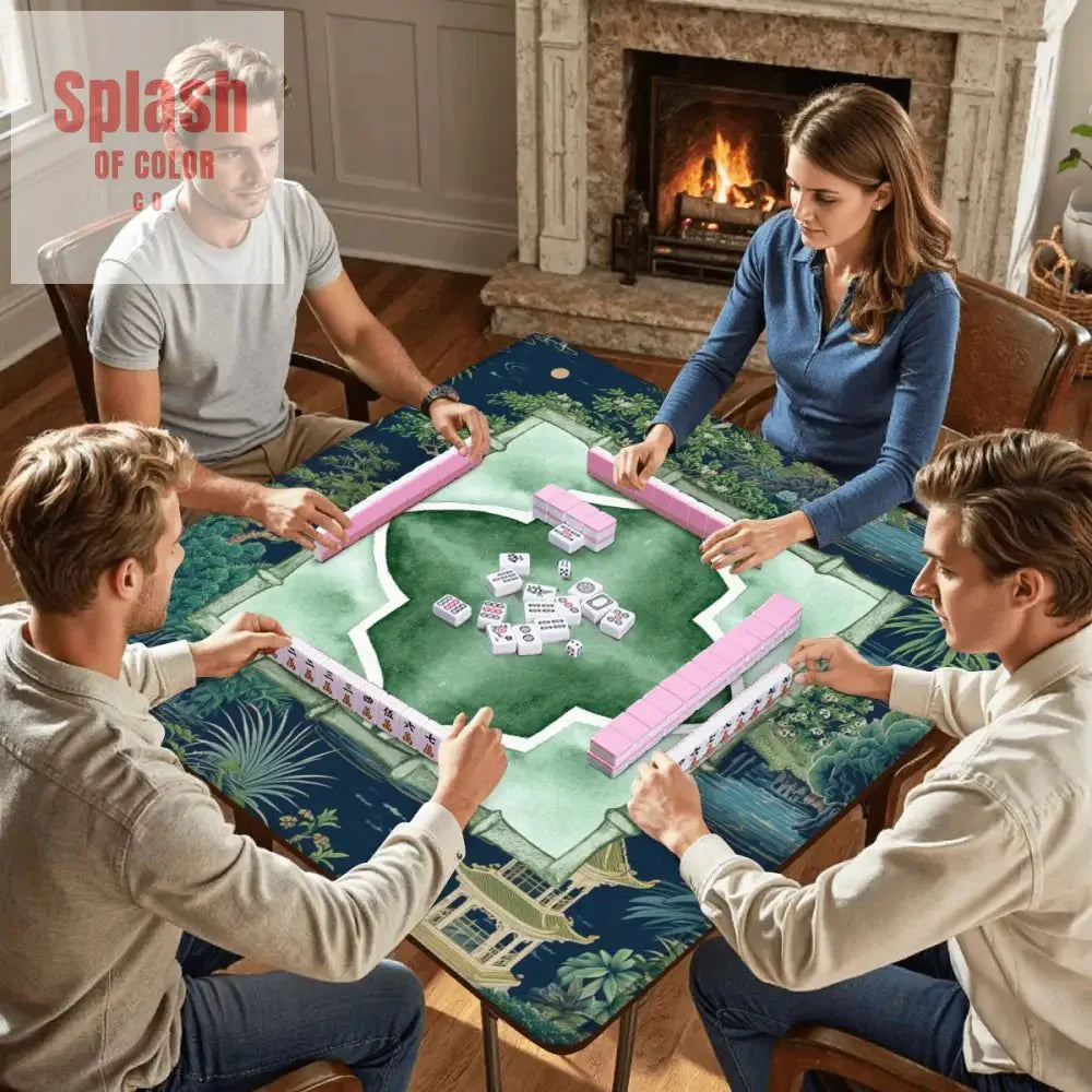 Asian Chinoiserie Tranquil Zen Pagoda Floral Mahjong Mat In Blue And Green
